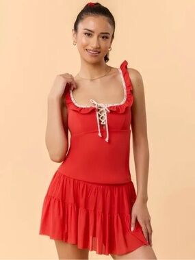 Blogilates Women's Ruffle Lace Up Tank Top Red Size M